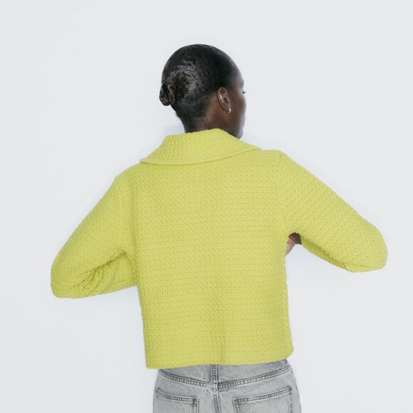 NWT ZARA CHUNKY KNIT PETER PAN COLLAR CARDIGAN LIME GREEN - Picture 3 of 7